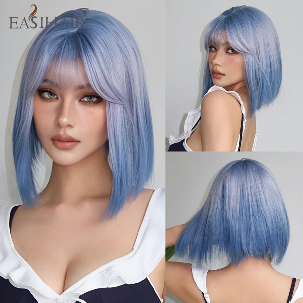 Short Straight Synthetic Wigs Bangs Dark Brown Black Bob Daily Cosplay Party