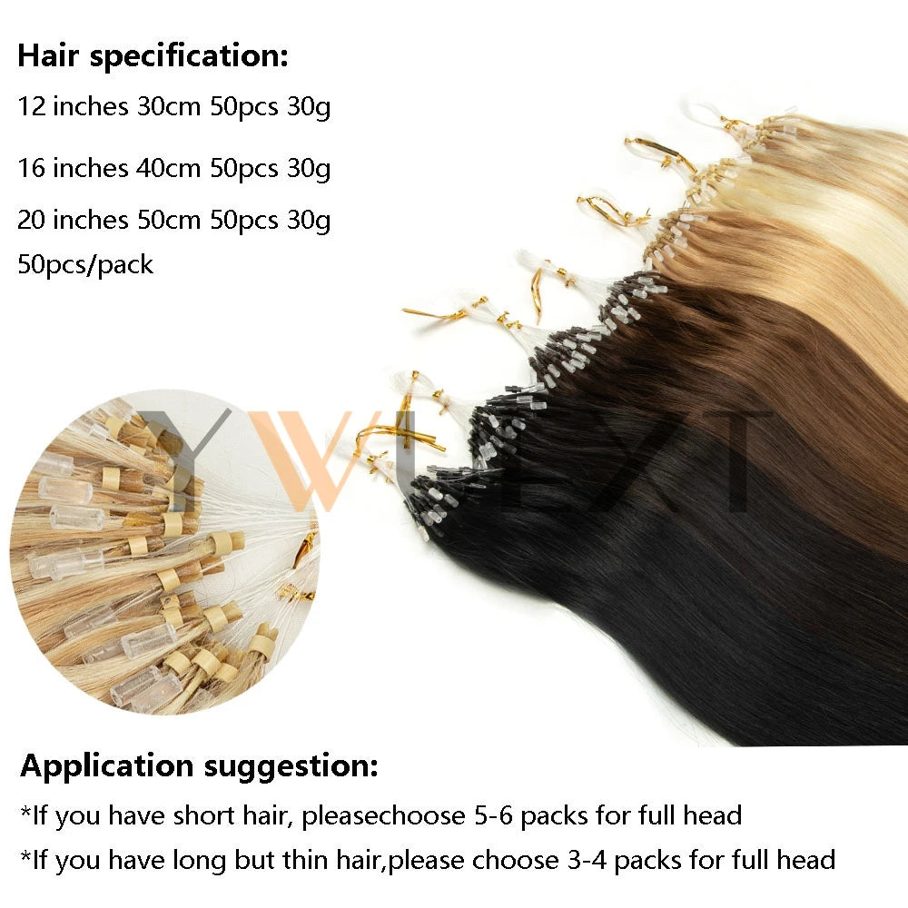 Micro Loop Hair Extensions Real Natural Straight Ring Link 12"-20" Human Black