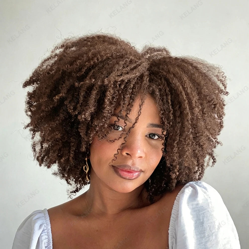 Chocolate Brown Afro Kinky Curly Hair Short Bob Wig Ombre, 100% Human
