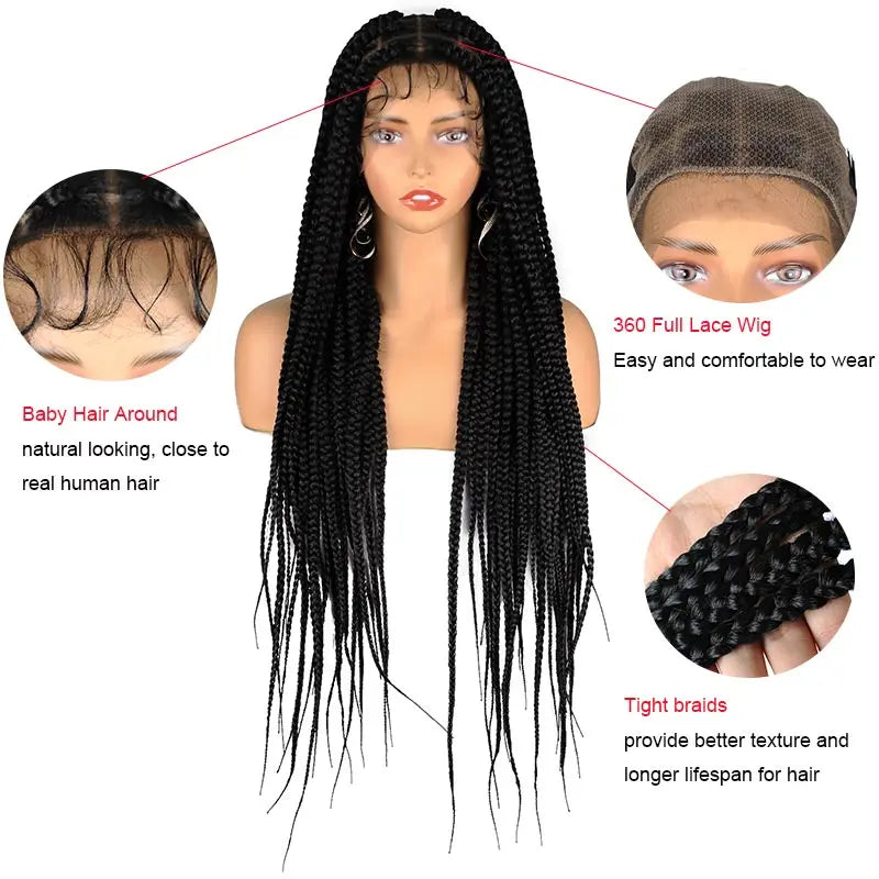 36" Synthetic Full Lace Wig Knotless Box Braid African Braided Frontal Cornrow