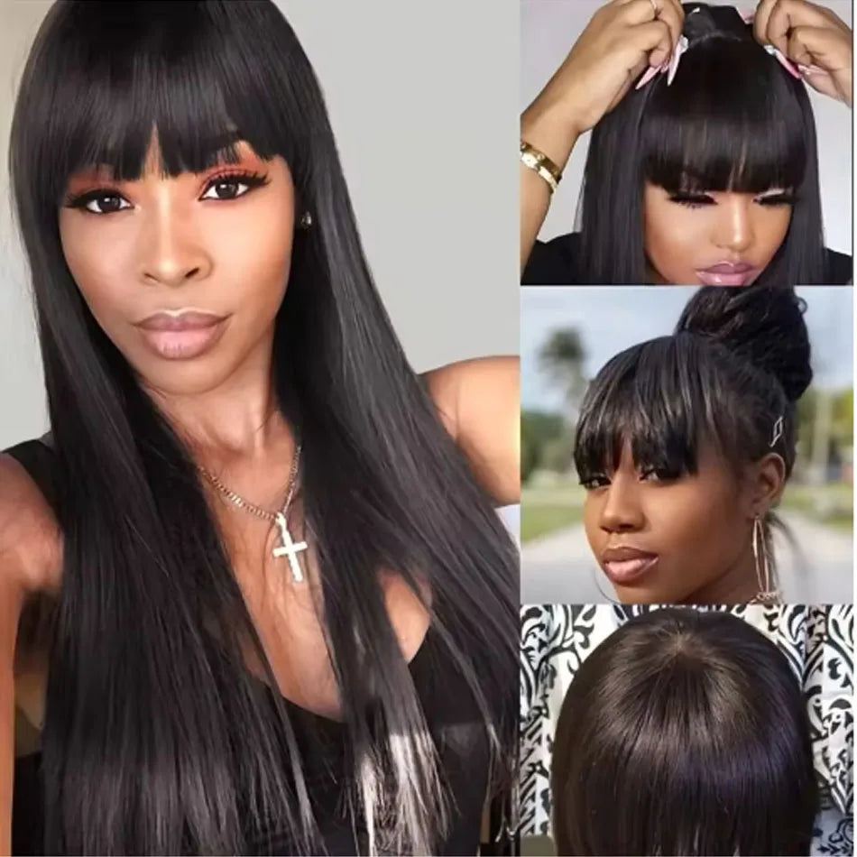 Natural Black Bone Straight Human Hair Wig Bangs 30Inch Glueless Brazilian, 3x1
