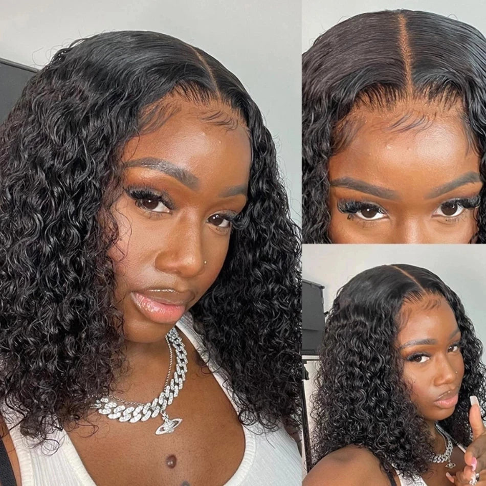 Sleek Brazilian Deep Curly Bob Wigs Nature Remy Black Dark Human Hair