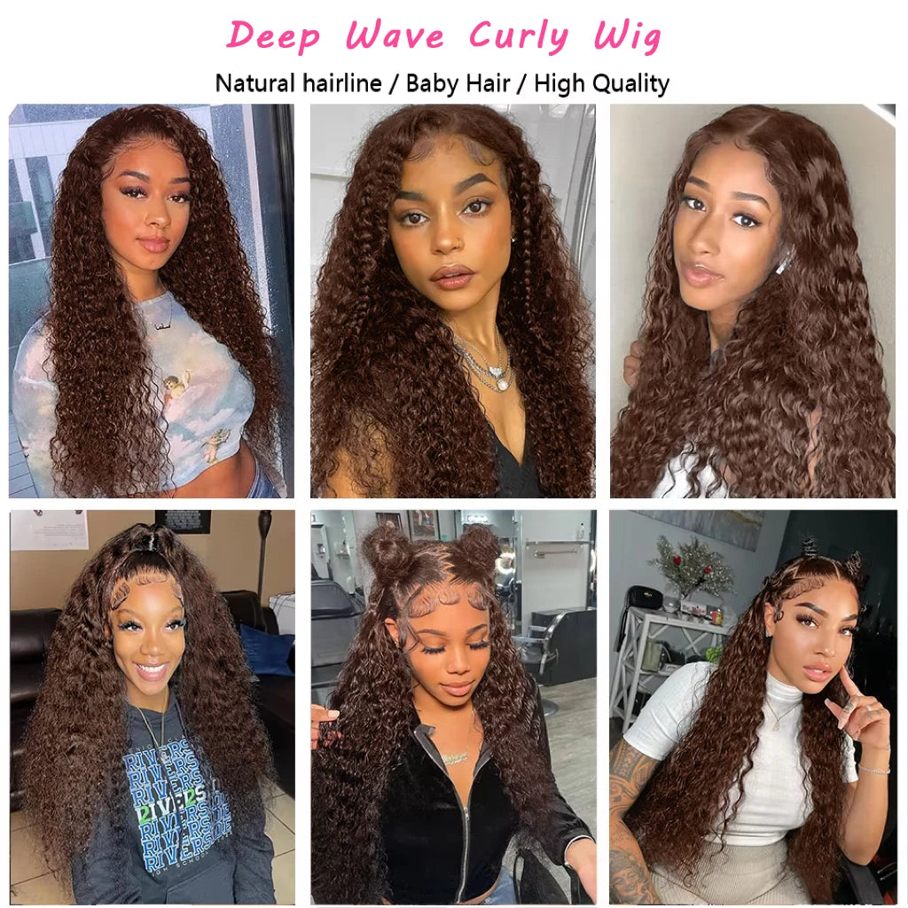 13x4 Chocolate Brown Lace Front Human Hair Wig Deep Wave Frontal Colored