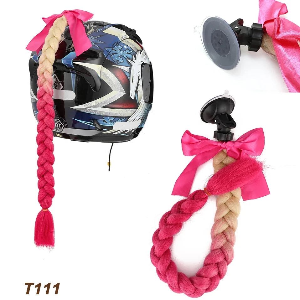 Synthetic Helmet Pigtails Gradient Ramp Braids Ponytail Hair Suction Cup Bowknot Motor