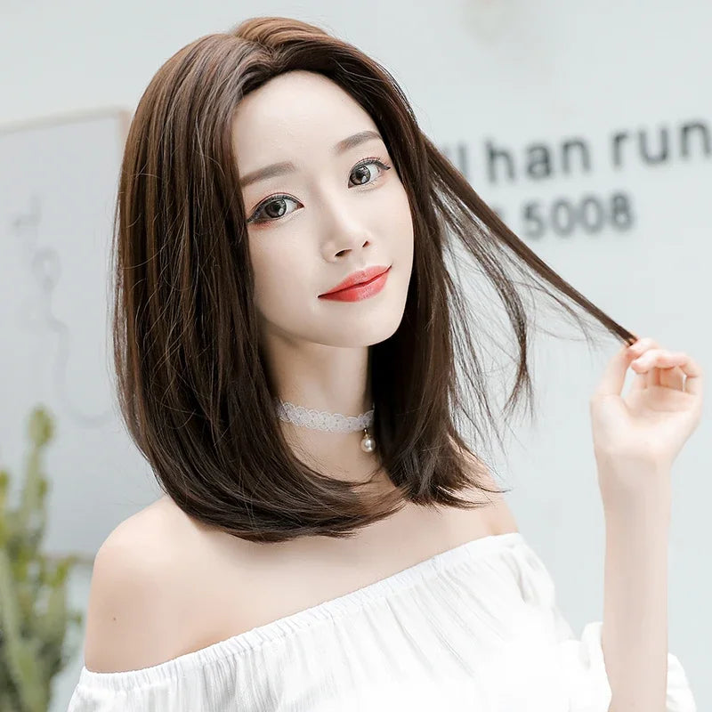 Wigs Short Straight Chocolate Bob Density Synthetic Layered Middle Part Dark Brown