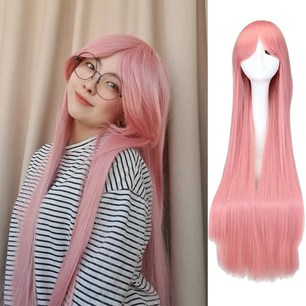 Long Straight Cosplay Wig Black Purple Red Pink Blue Dark Brown Cm