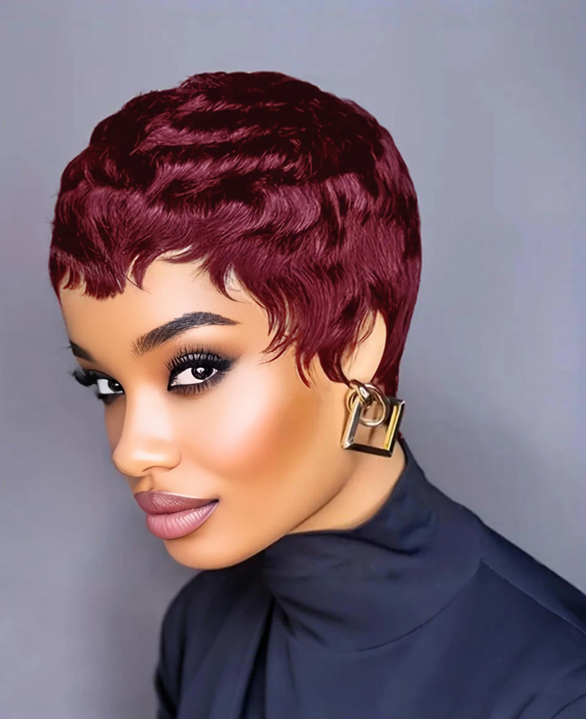 Short Human Hair Wigs Bangs Pixie Full Machine Natural Black Burgundy Brow