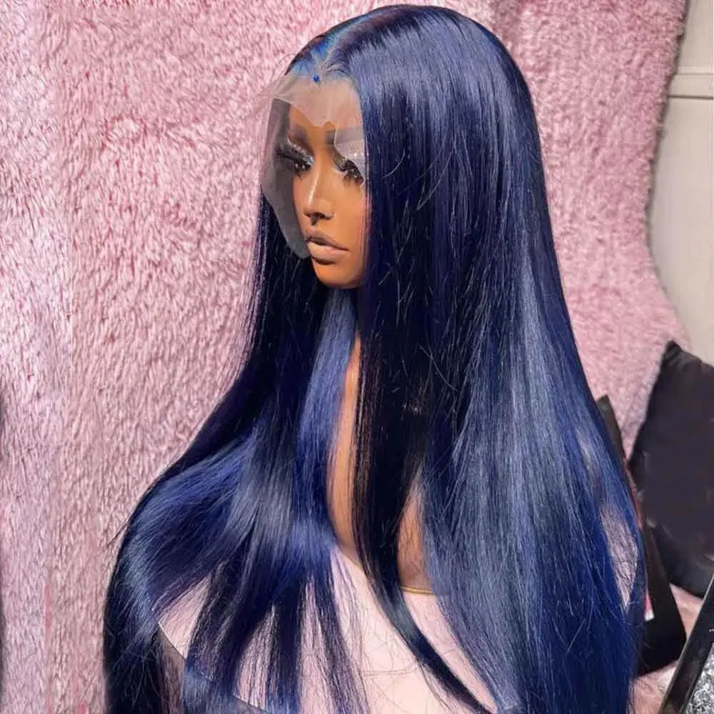 Midnight Blue Wig Long Straight Lace Fornt, 13x4 HD Glueless Synthetic Blend