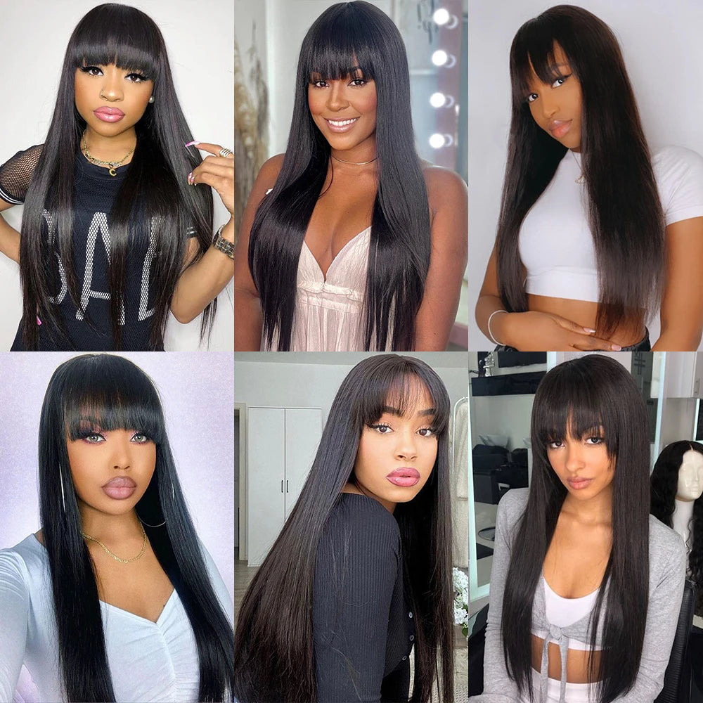 Straight Wigs Bangs Human Hair None Lace Front Brazilian Virgin Glueless Machine