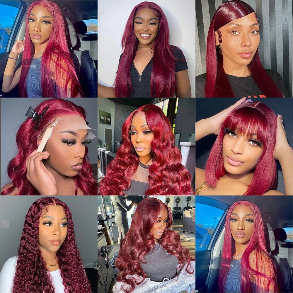 13x6 Peruvian Straight Hair HD Lace Front Wig Human 99J Burgundy Pre-plucked