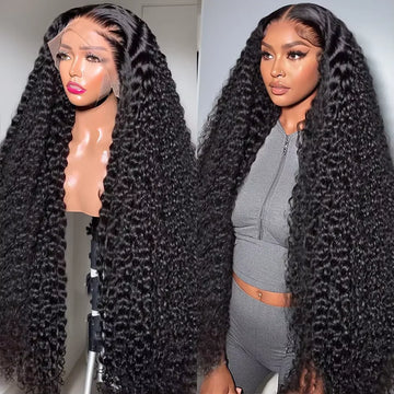 40 Inch Natural Black Water Deep Wave Human Hair Wigs, 13x4 13x6 HD Transparent Lace Frontal Wig 200 Density Pre Plucked Glueless Lace Front Wig