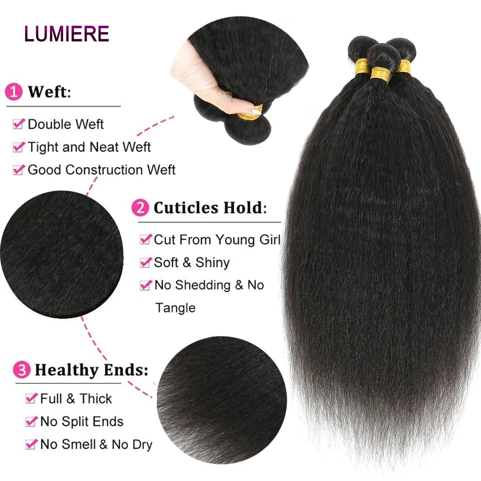 Kinky Yaki Straight Human Hair Bundles Closure Frontal HD Transparent Brazilian Deep
