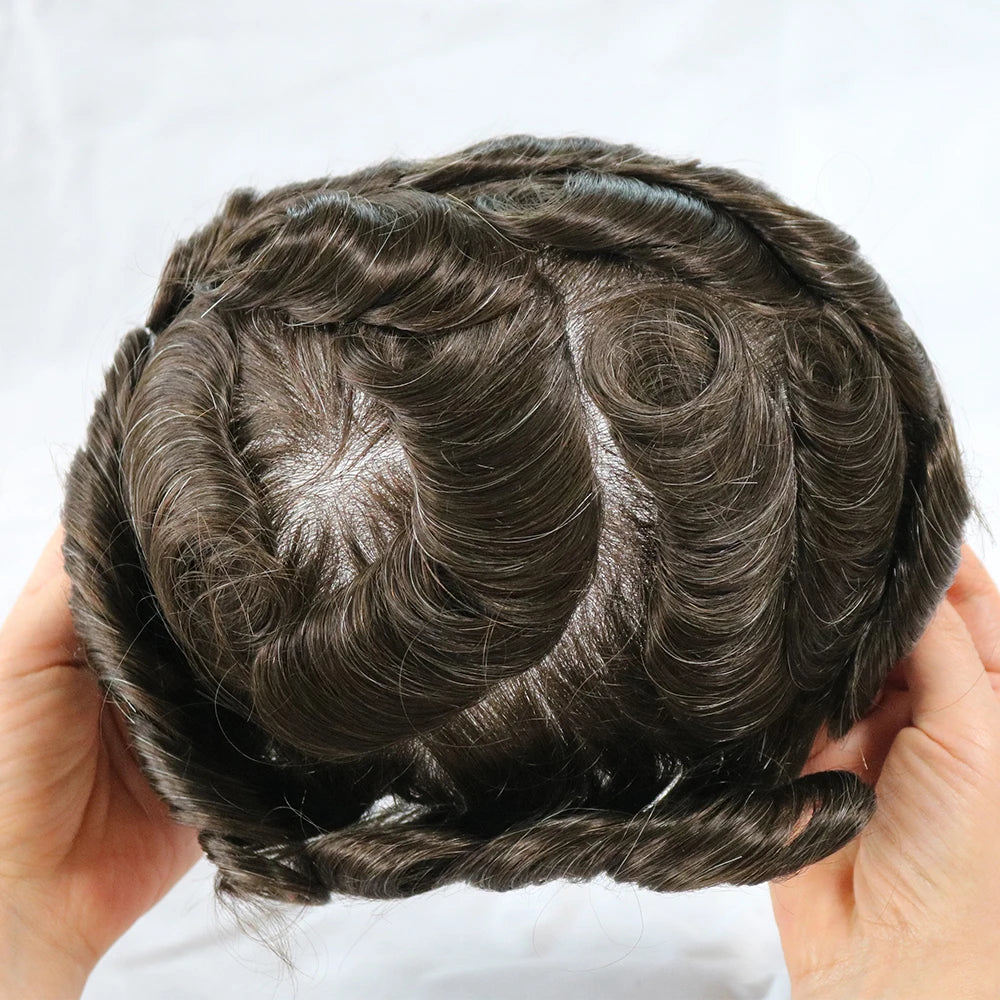 Men's Platinum Blonde 100% Human Hair V-looped PU 120-130% Density Toupee for Men 0.06-0.08mm Skin Base Hair Prosthesis System
