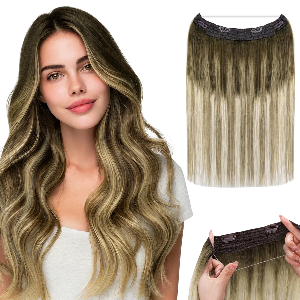Wire in Hair Extensions Real Human Balayage Dark Brown To Chestnut Invisible