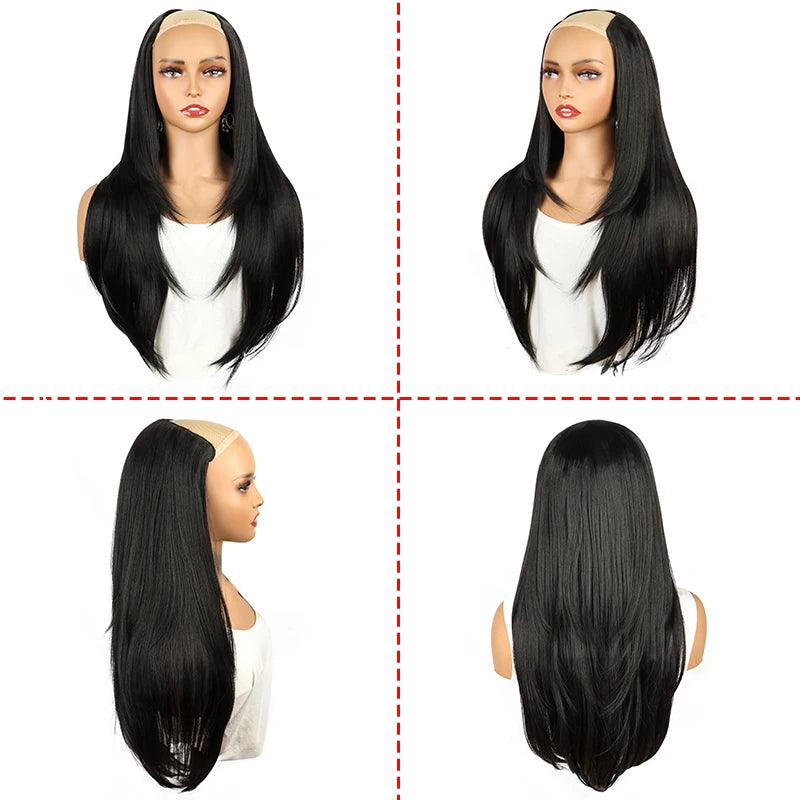 22Inch Synthetic Long Straight Layered Clip-in Hair Extension V-shaped Black Blonde Invisible Hairpiece