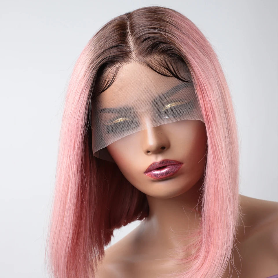 Short Cut Colored Pink Bob T Part Lace Wigs Human Hair 180D