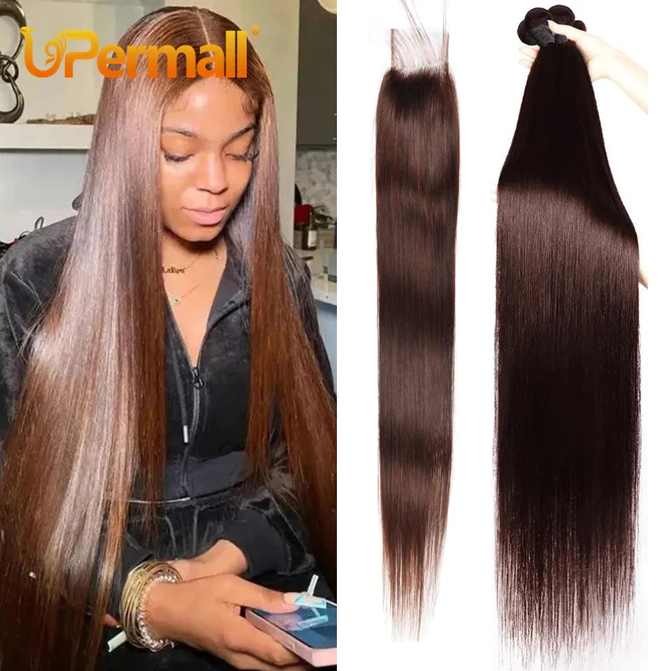 Chocolate Brown 2/3/4 Human Hair Bundles Closure Kim K, 2x6 Straight Body