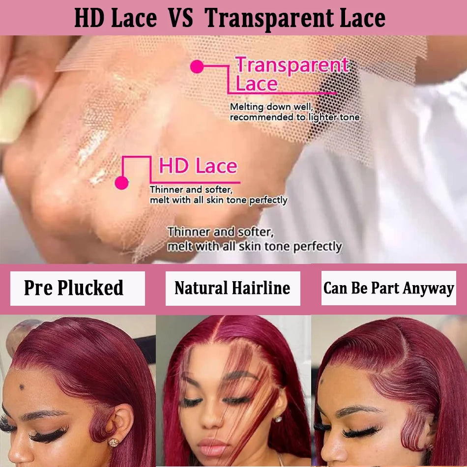 HD 99J Burgundy, 13x6 Lace Front Wigs Human Hair Red Colored Brazilian