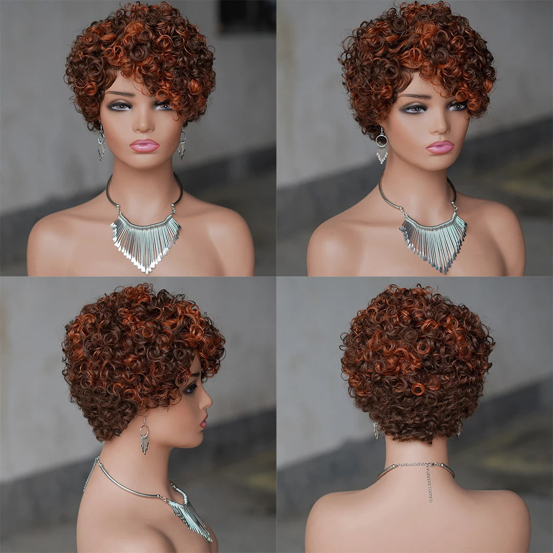 99J Red Rose Curly Short Bob Pixie Cut Human Hair Wig Ombre