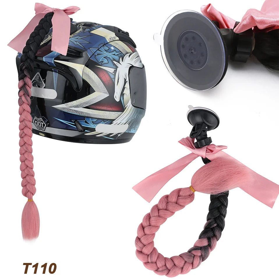 Synthetic Helmet Pigtails Gradient Ramp Braids Ponytail Hair Suction Cup Bowknot Motor