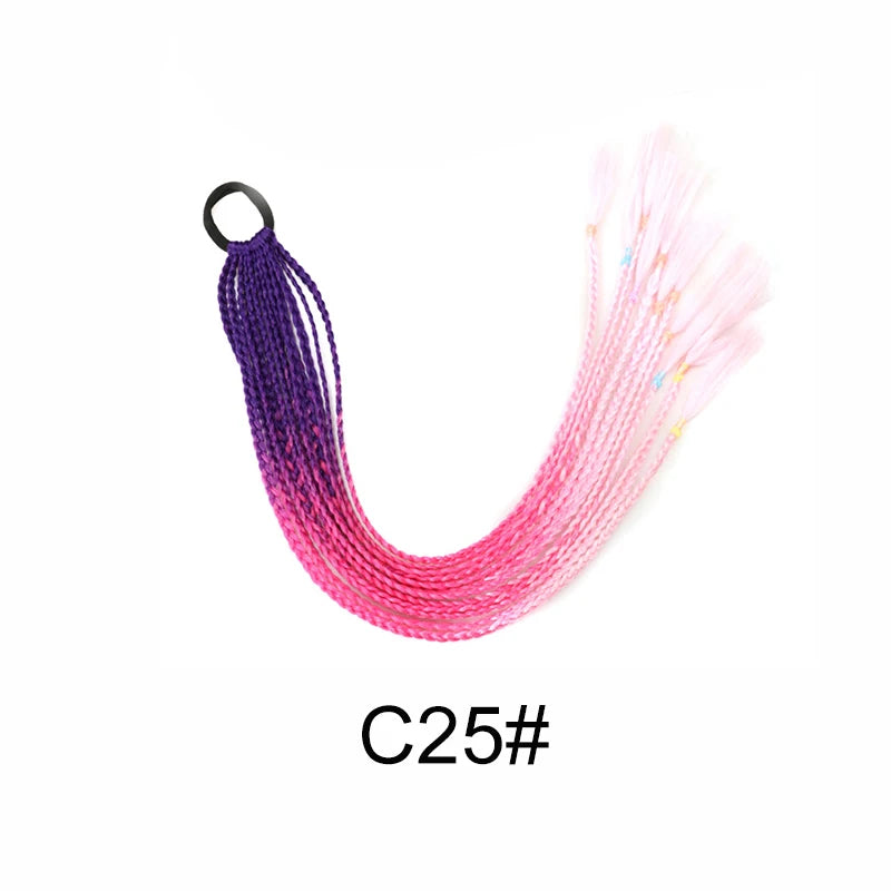 Synthetic Multi-Strand Rainbow Long Straight Braid Hair Extensions, Elastic Rubber Band Ponytail