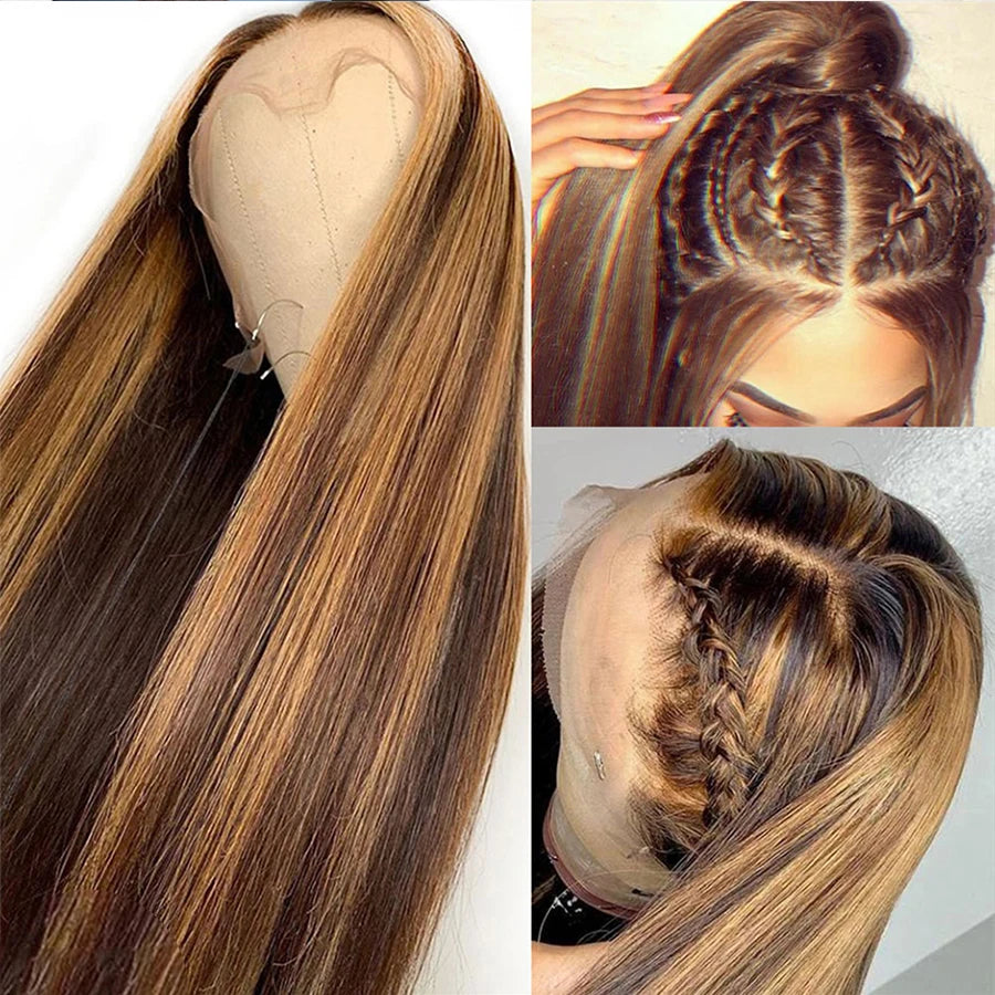 Brazilian Highlight Human Hair Lace Front Wig, Honey Blonde Straight, 13x4 13x6 HD Lace