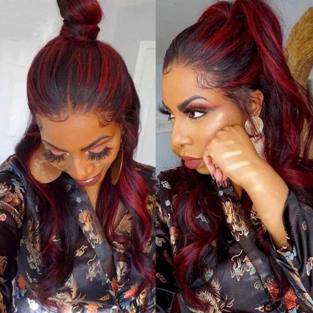 1B/99J Body Wave, 13x4 HD Lace Front Highlight Wig Synthetic Density Ombre