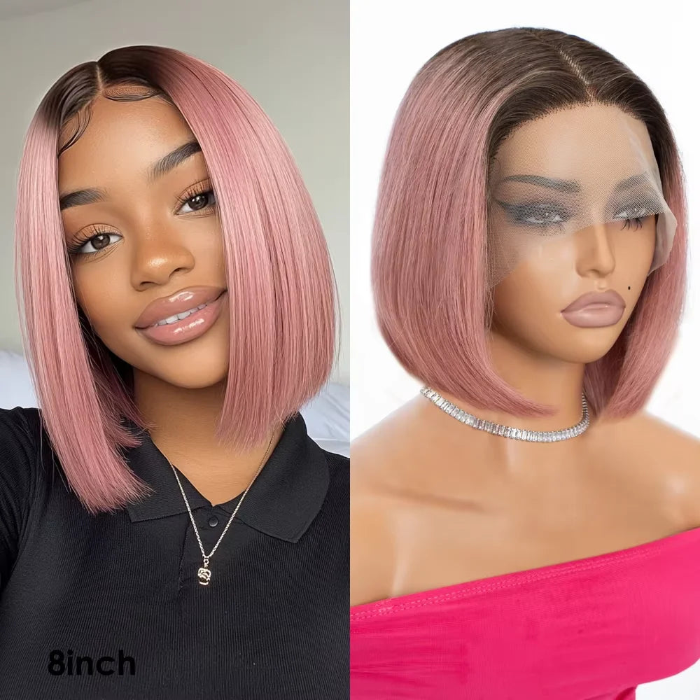 Short Cut Colored Pink Bob T Part Lace Wigs Human Hair 180D