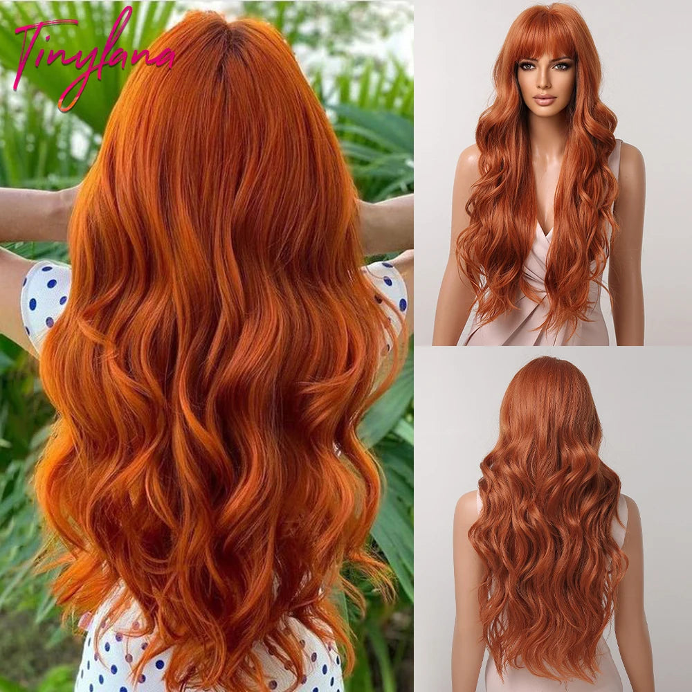 Long Wavy Orange Brown Synthetic Wigs Bangs Copper Ginger Cosplay Afro Body