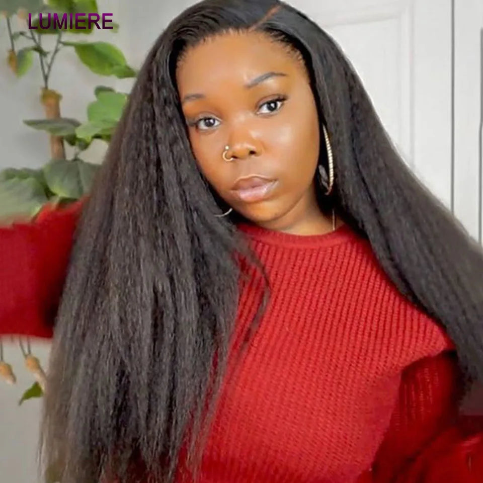 Kinky Yaki Straight Human Hair Bundles Closure Frontal HD Transparent Brazilian Deep
