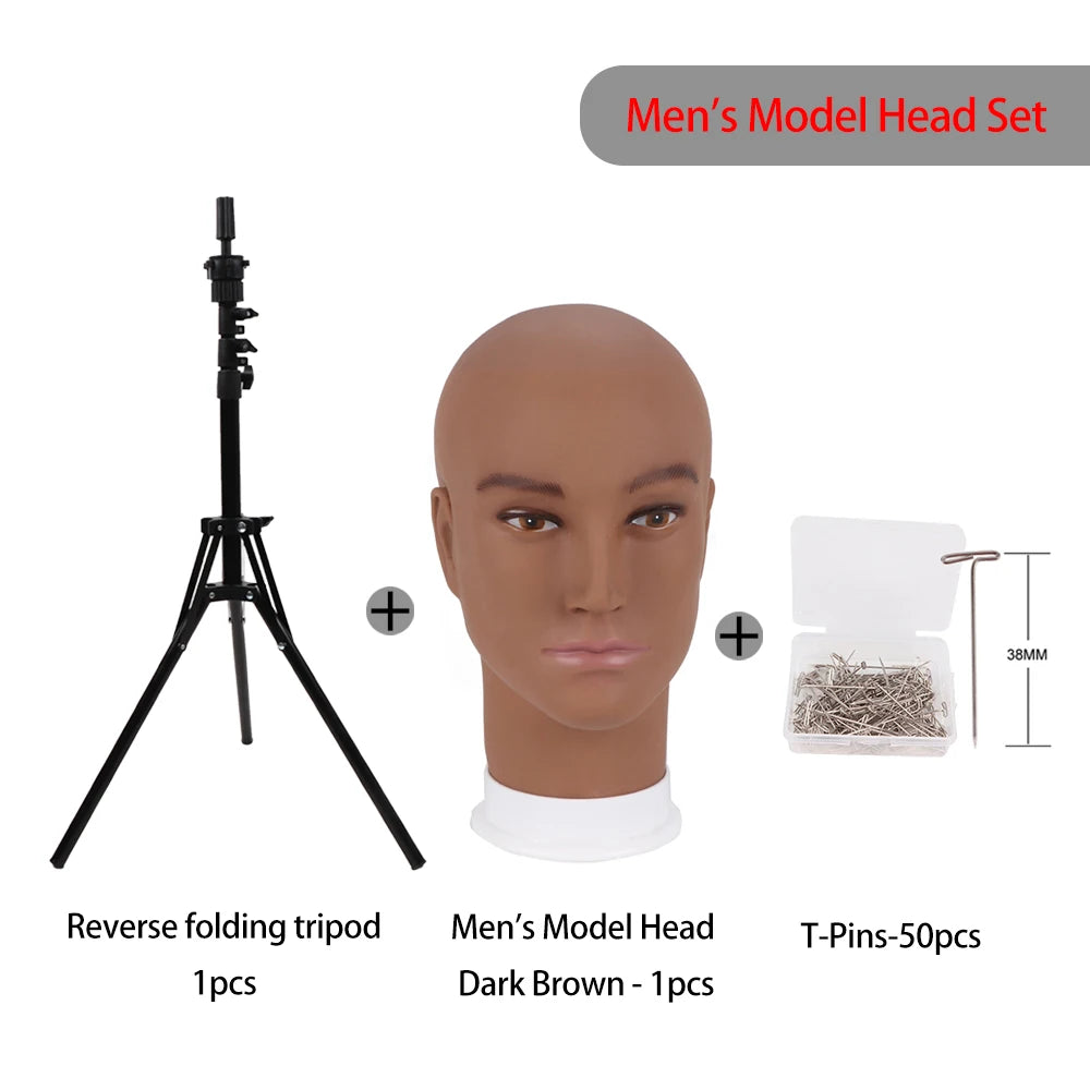 Foldable Wig Stand Tripod With 21-25Inch Canvas Head Black Male Bald Head Mannequin With Stand Wig Head Stand Tripod
