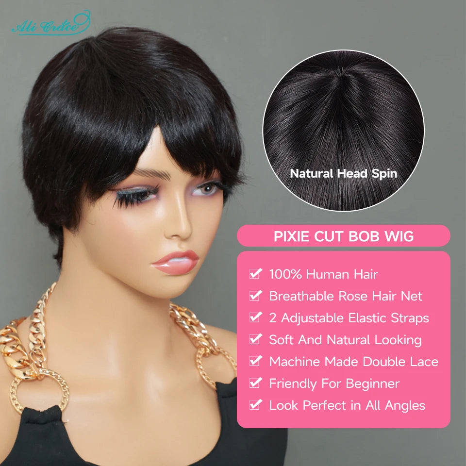 Short Bob Pixie Cut Wigs Straight Human Hair Machine Made Bangs Brazilian