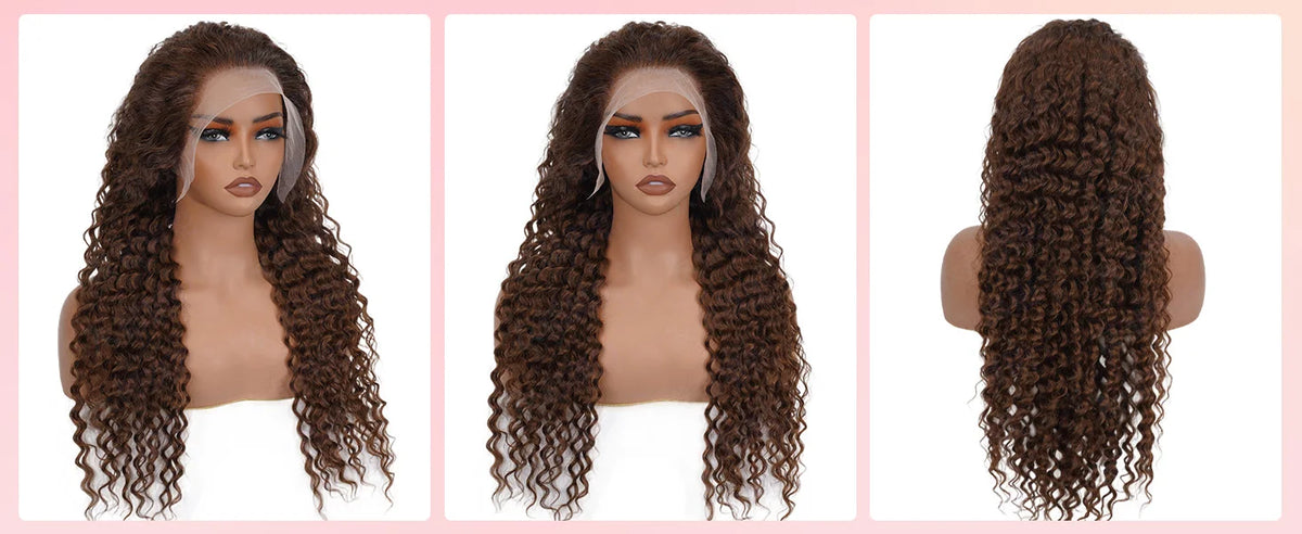 250%Density Chocolate Brown Curly Wigs, 13x6 HD Lace Front Human Hair Deep