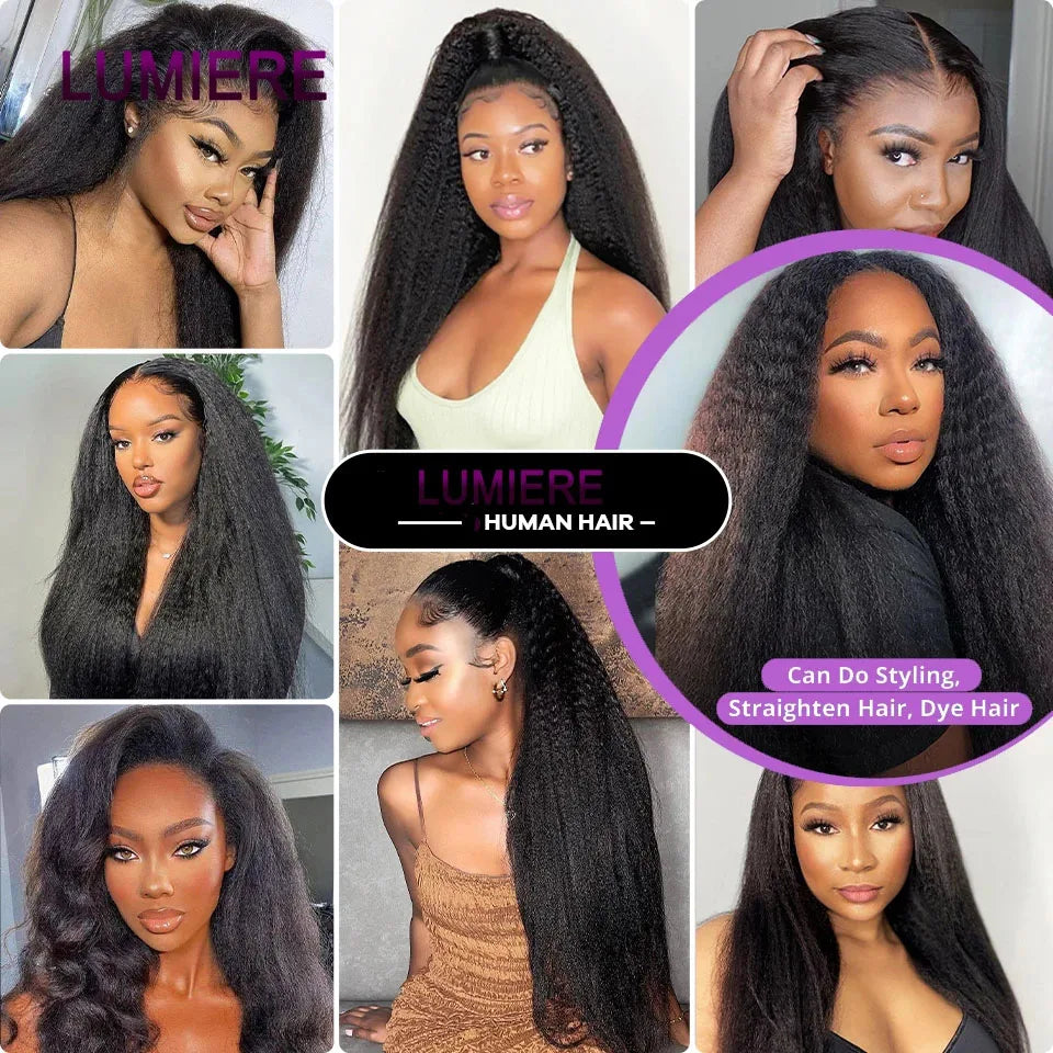 Kinky Yaki Straight Human Hair Bundles Closure Frontal HD Transparent Brazilian Deep