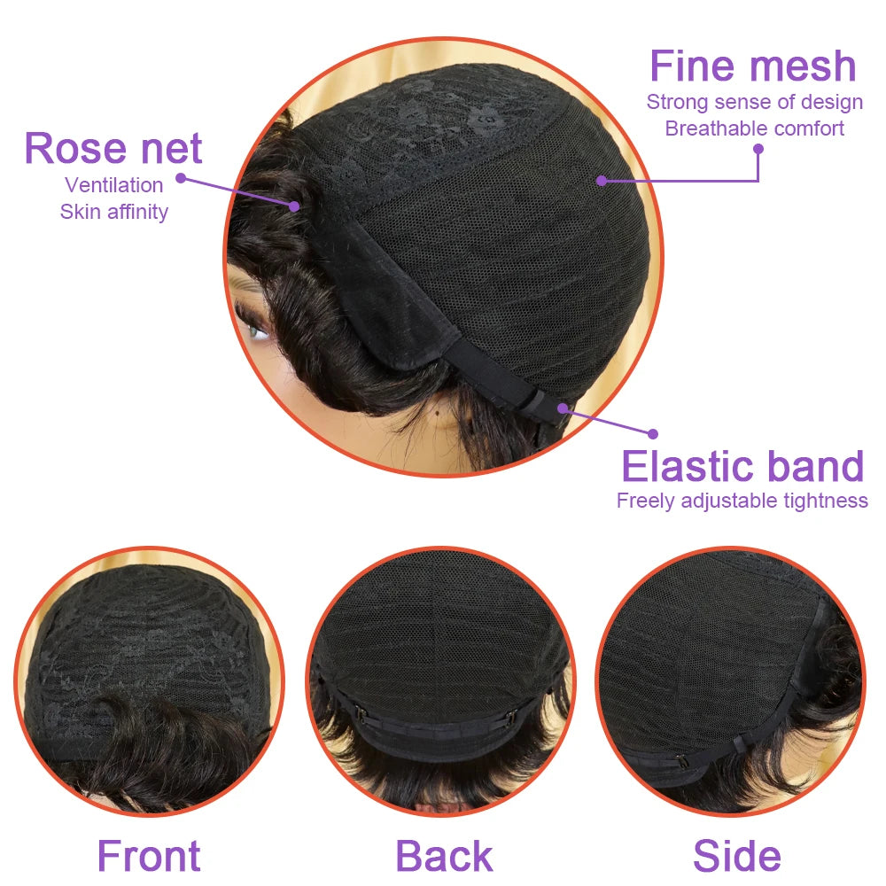 Short Human Hair Wigs Bangs Pixie Full Machine Natural Black Burgundy Brow