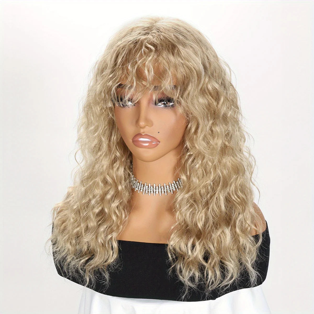 Golden Long Curly Wavy Women's Wig with Bangs, Synthetic Fiber Full Head Wig for Halloween Party