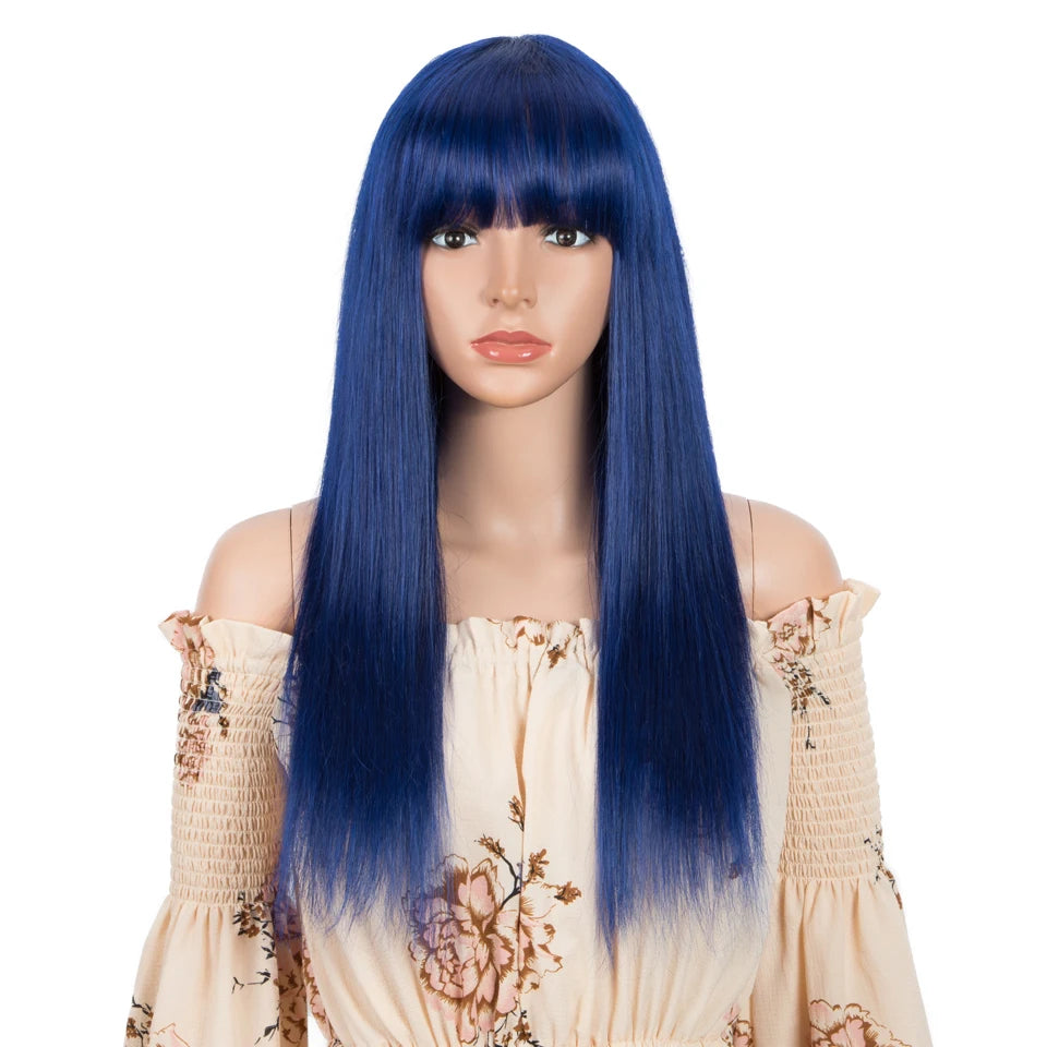 Long Royal Blue Straight, 100% Human Hair Wigs Bangs Brazilian Remy Halloween