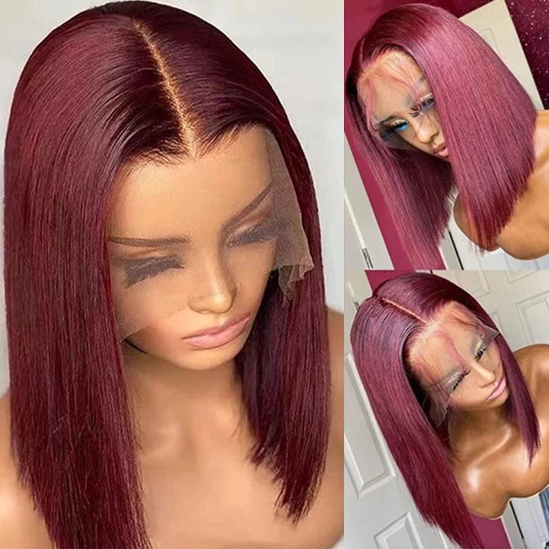 Short Cut Colored Pink Bob T Part Lace Wigs Human Hair 180D