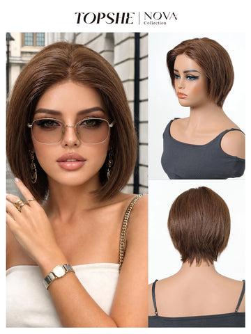 100% Real Human Hair Short Bob Wig Dark Brown Lace Front Hand-tied