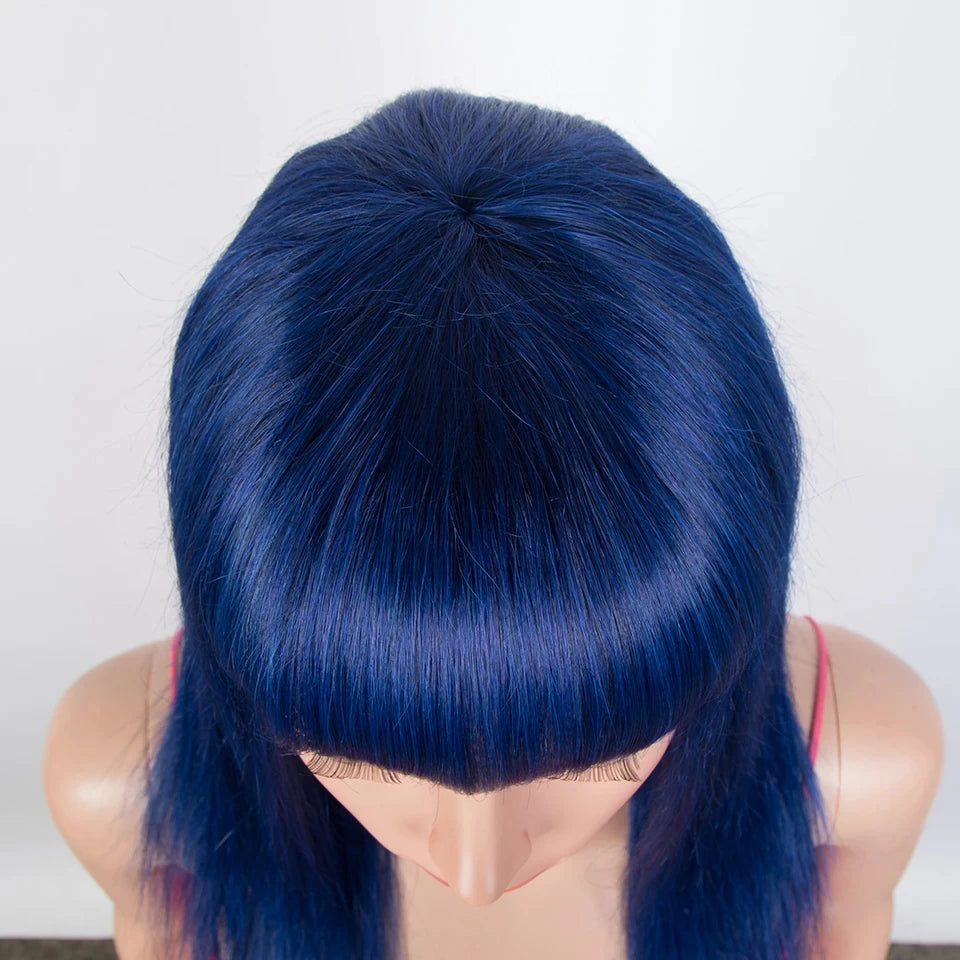 Brazilian Straight Human Hair Wigs Bangs Burgendy Put On Go, 100% Remy
