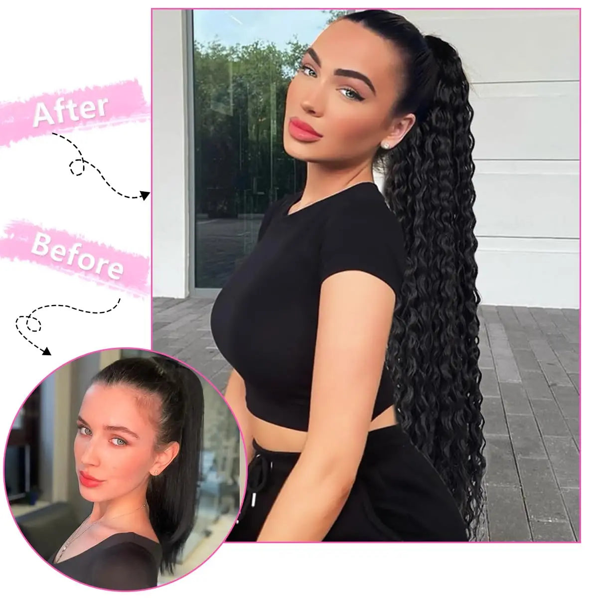 Synthetic Wig 24inch Long Curly Wave Drawstring Ponytail HairPieces Extension Heat Resistant Clip in Girl