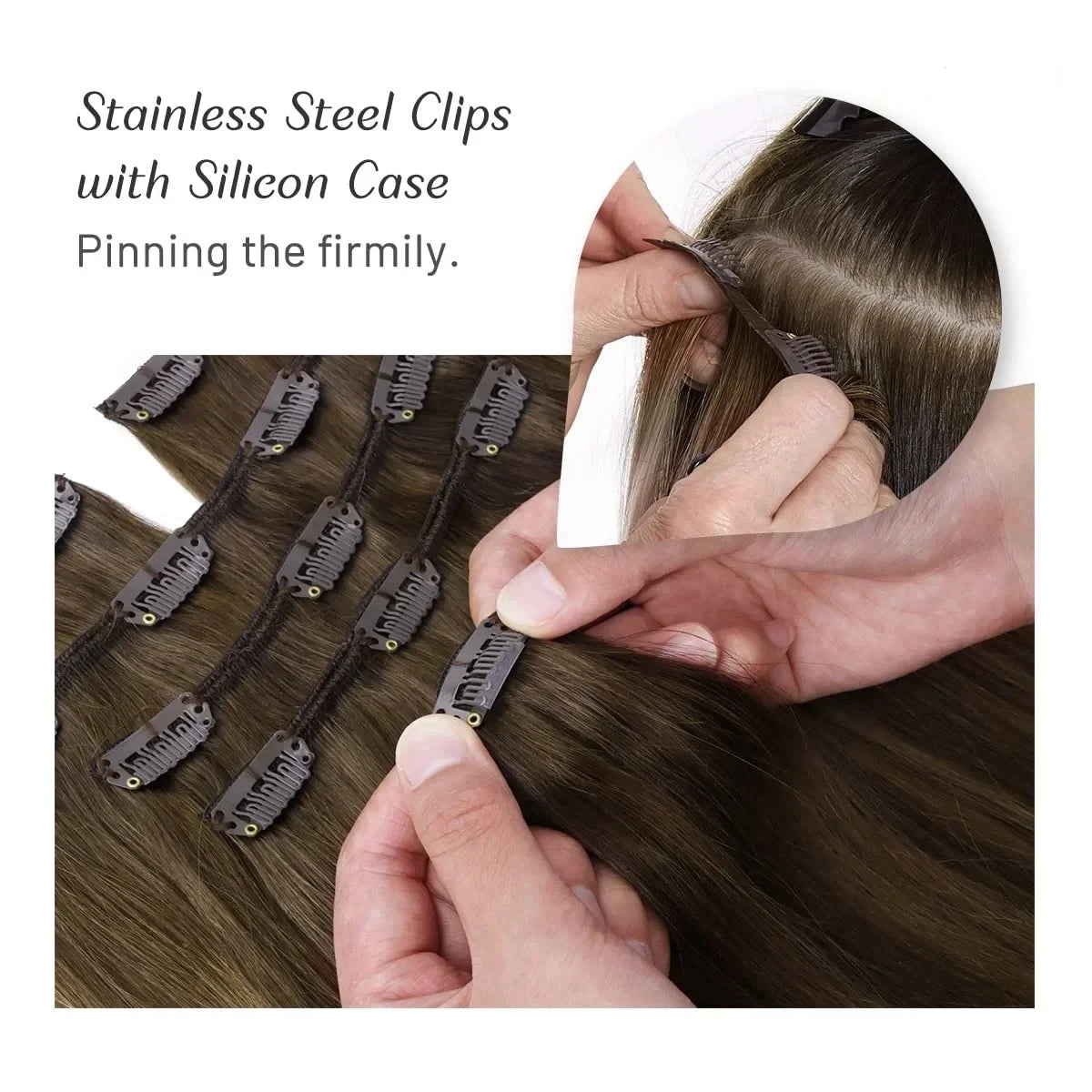 Clip in Hair Extensions Chestnut Brown Double Weft Thick 120G Silky Straight
