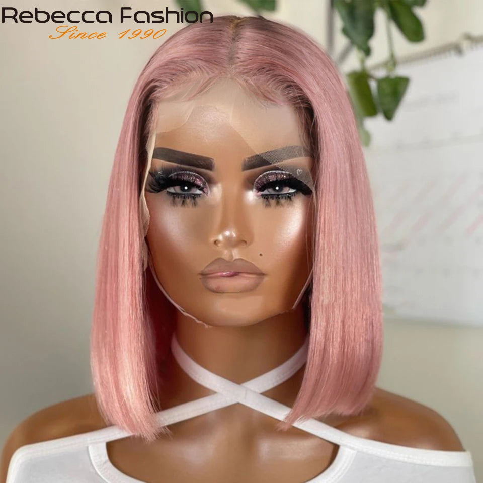 Short Cut Colored Pink Bob T Part Lace Wigs Human Hair 180D