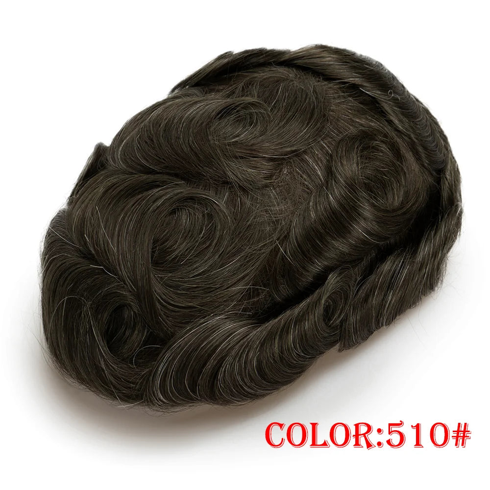 Lace with PU Men Toupee Hair Prosthesis Breathable Natural Human Hair Toupee Wig