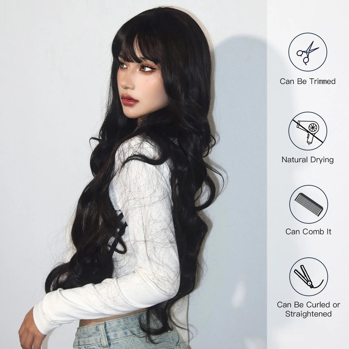 Super Long Black Wavy Synthetic Wigs Bangs Afro Dark Water Wave Halloween