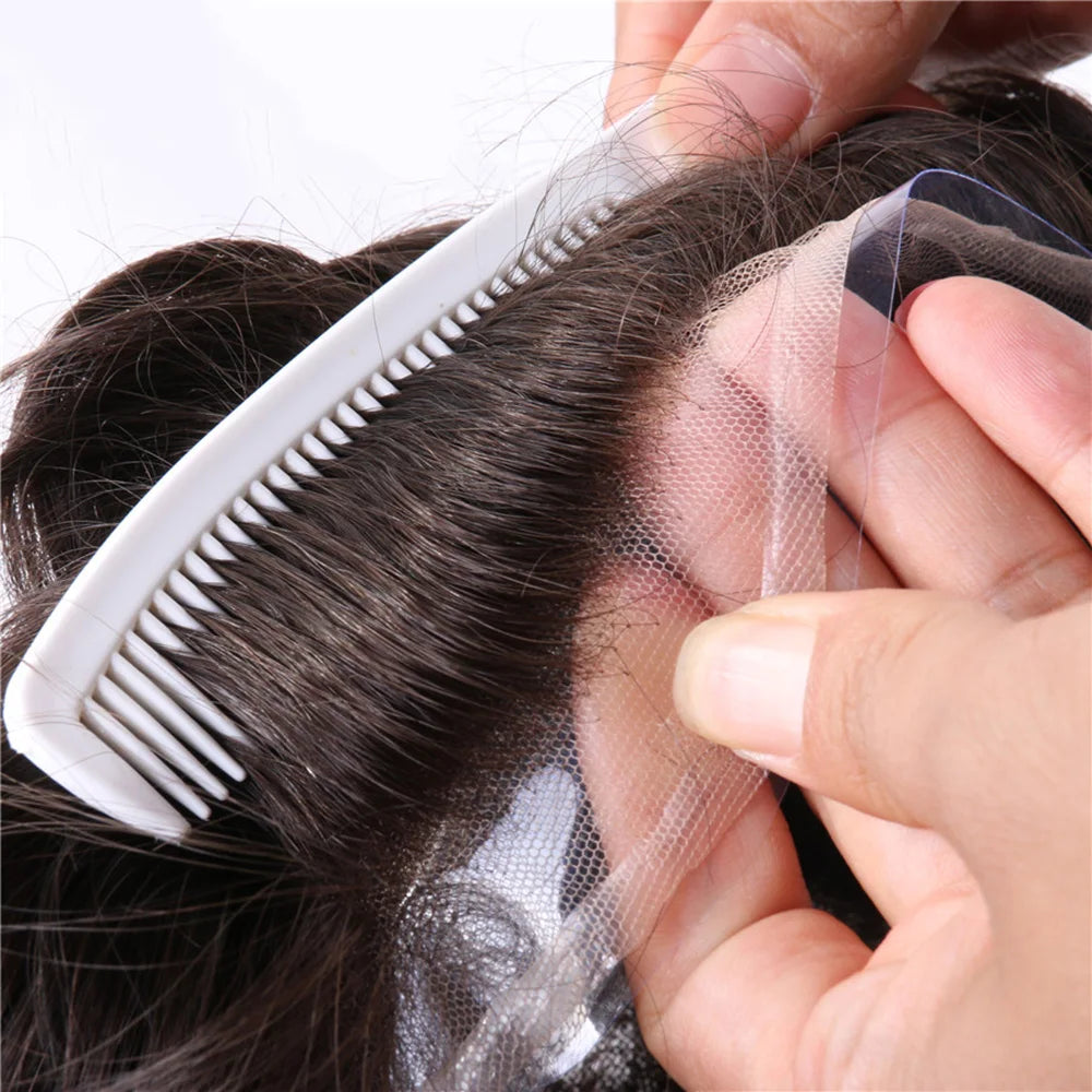 Lace Base Toupee Swiss Front PU Natural Hairline Wig Human Hair Prosthesis