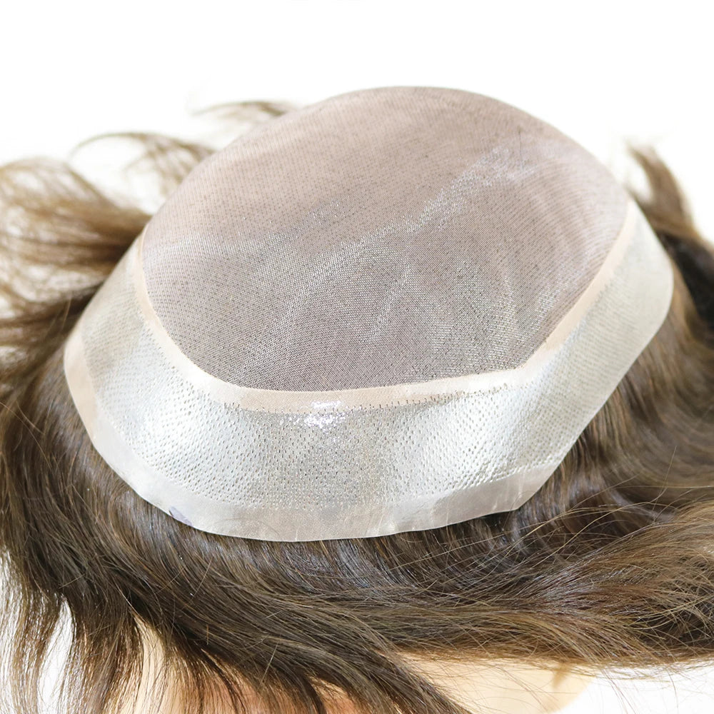 Durable Wig Human Hair Toupee Mono Lace Top Skin PU Base Hairpieces