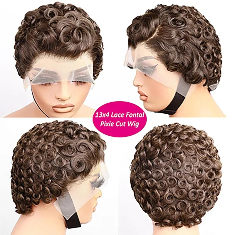 Curly Pixie Cut 13x4 Lace Front Wig, Human Hair, Short Layered Glueless Wig, Pre Plucked with Bangs, Natural Black