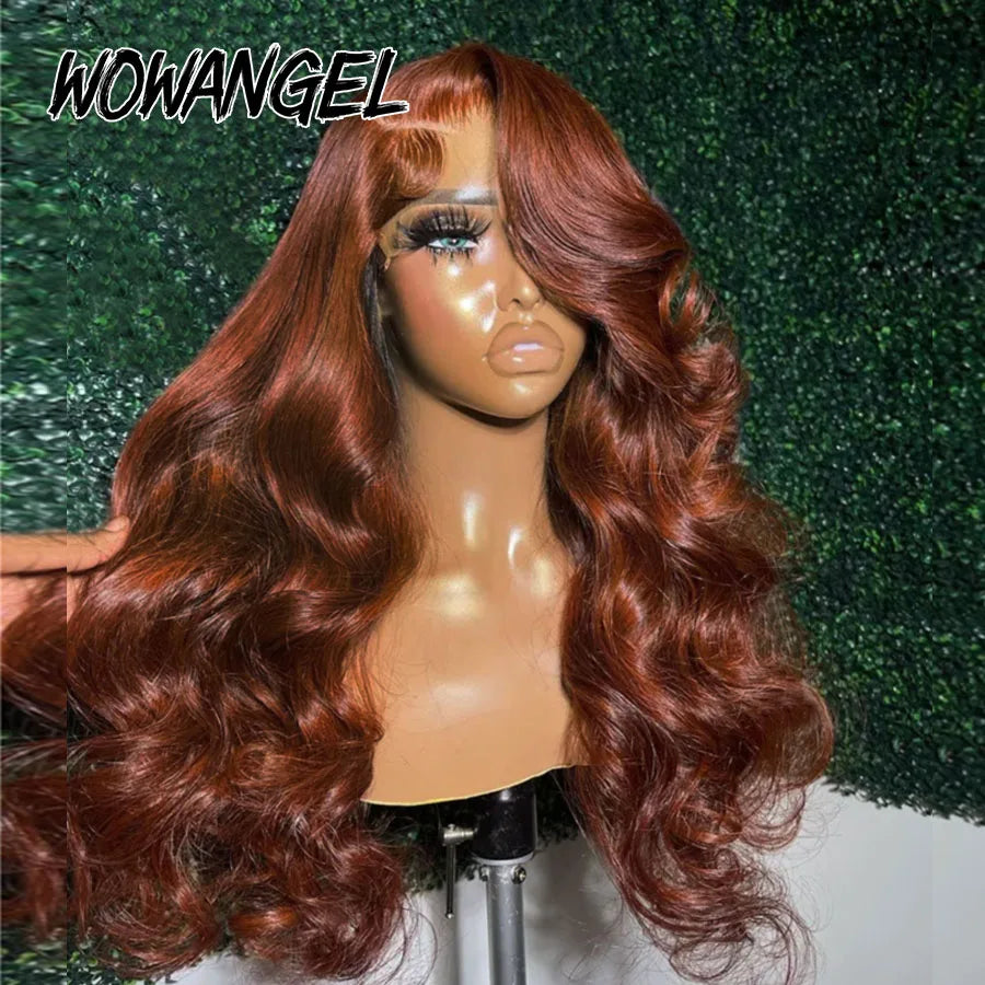 Reddish Brown Body Wave Human Hair 13x6 HD Lace Frontal Wig, 250% Density, Pre-Cut, Copper Red