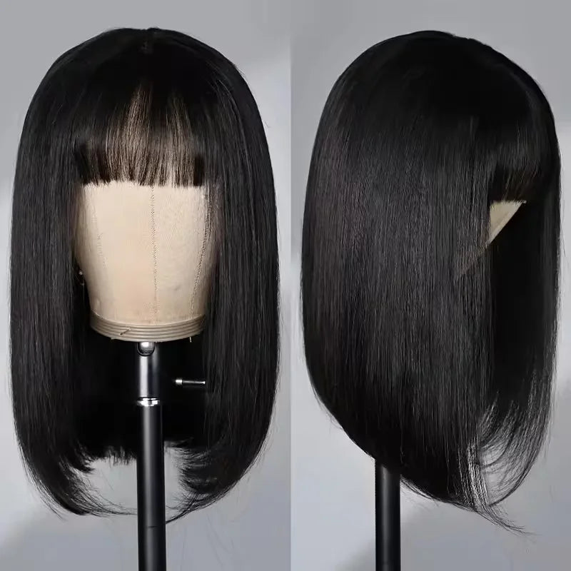 210% Density Curly Human Hair Wigs Bangs Glueless Short Bob Machine Made